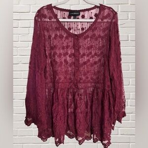 Lane Bryant Burgundy Lace Ethereal Top Sz 14/16 Bell Sleeve Boho Layering Peplum